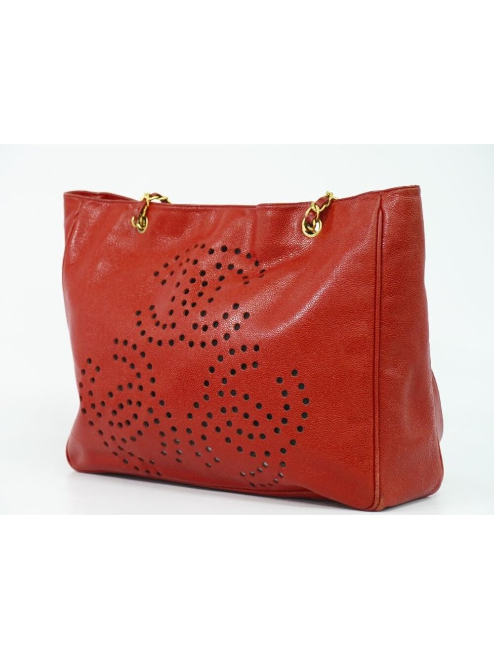 Chanel Perforated Triple CC Logo Shoulder Bag Tote Caviar Leather Red - Picture 2 of 9